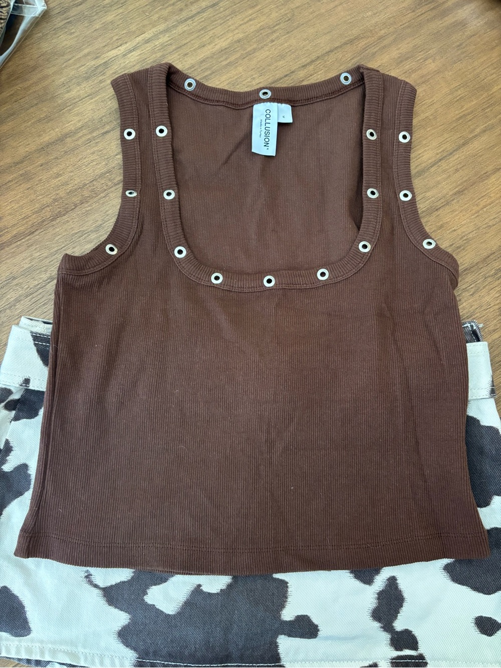 Brown Eyelet Ribbed Tank Top
